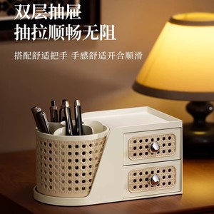 Vintage Style Cosmetic Storage Box Desktop Rattan Double Layer Drawer Pen Holder Large Capacity Compartmentalized Organizer - Product Image 2