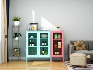 Armadio Moderno in Metallo con Ante in Vetro, Popolare Arredo per Casa e Hotel, per Soggiorno e Camera da Letto, Elegante Vetrina in Acciaio - Product Image 5