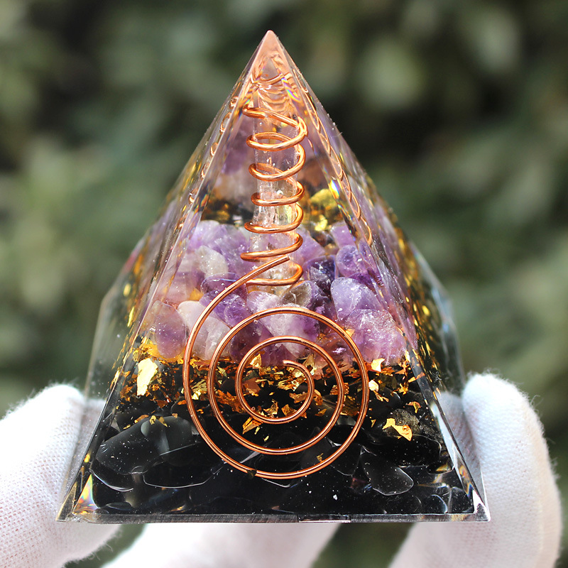 White crystal pillar, amethyst, obsidian