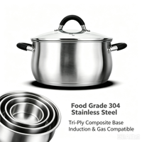 Ensemble de casseroles en acier inoxydable, style américain, avec couvercles en verre, compatibles induction et gaz, sans revêtement, écologiques, lavables au lave-vaisselle