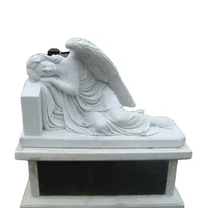 Hoge Kwaliteit Wit Marmer Liggen Engel Standbeeld met Zwarte Basis Sculptuur