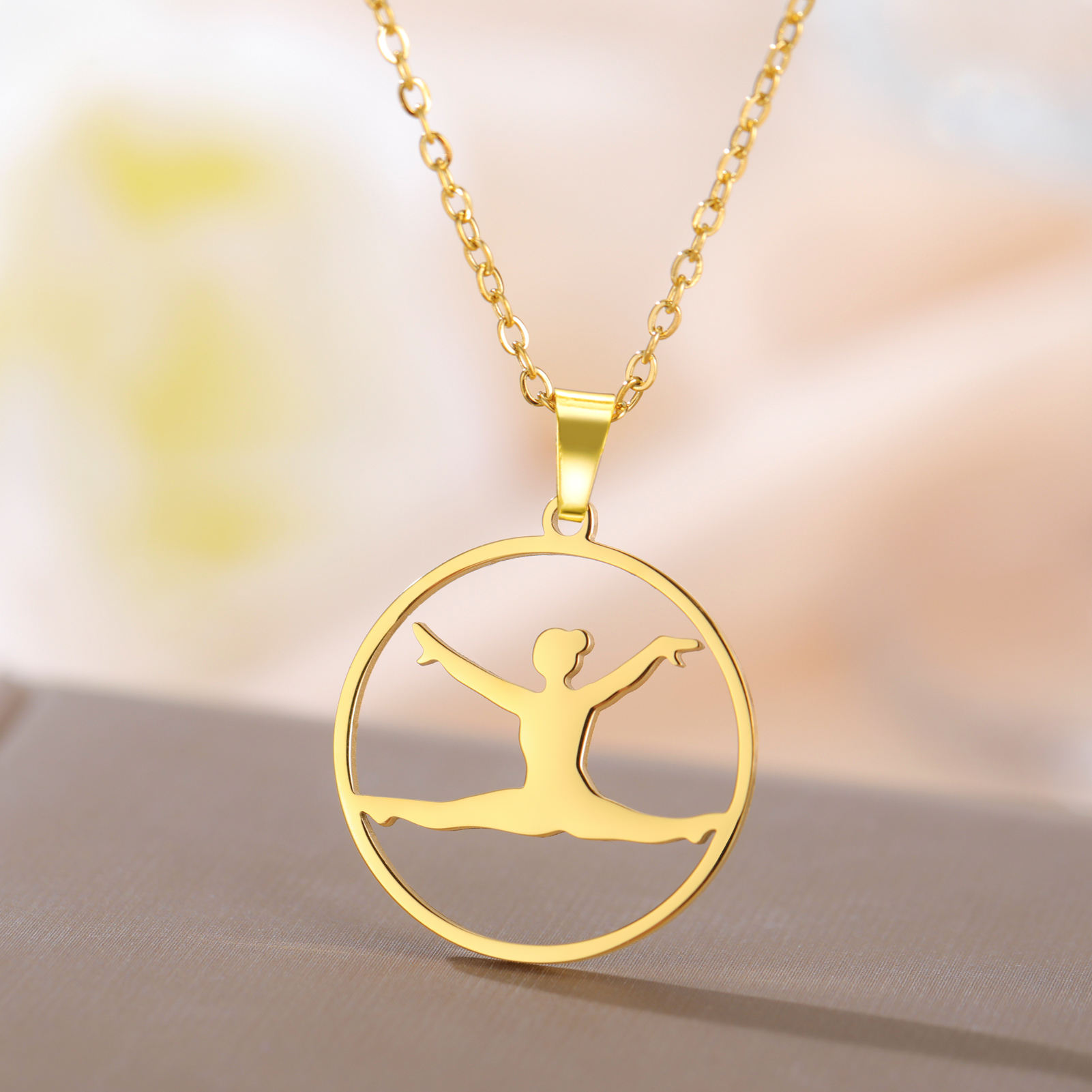Stainless Steel Sporty Gymnastics Charm Necklace Hollow Out World Sport  Pendant Necklace Real Gold Plated Necklace Jewelry Gift