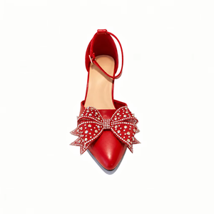 Women Genuine Leather Pointed Toe <b>Mary</b> <b>Jane</b> Pumps With Bowknot Ankle Strap Kitten Heel <b>Black</b> Red White - Product Image 2