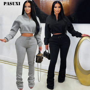 PASUXI <span class=keywords><strong>2026</strong></span> Setelan Olahraga Kasual Wanita 2 Potong, Setelan Musim Dingin Wanita Trendi dengan Jaket Zip dan Celana Flare Berikat Tali - Product Image 1