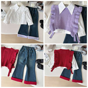 Maglia maglia maglia Jeans <span class=keywords><strong>bambina</strong></span> tre pezzi abbigliamento <span class=keywords><strong>elegante</strong></span> Cardigan Set <span class=keywords><strong>completo</strong></span> autunno ragazza - Product Image 2