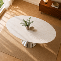 Table à manger ovale moderne et écologique en marbre avec piétement en acier inoxydable couleur champagne, 10 places, pour salle à manger de luxe