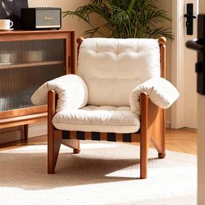 Sillón Individual Vintage de Madera Maciza con Tela a Rayas Color Blanco Hueso, Sillón de Diseño para Sala de Estar, Dormitorio, Balcón, Casa de Huéspedes - Product Image 1