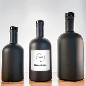 Botol kaca Roh Hitam Matte, desain unik kustom 200ml 375ml 500ml 700ml 750ml dengan gabus