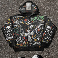 YSJY OEM Streetwear personnalisé complet partout impression fermeture éclair goutte épaule Baggy surdimensionné français éponge impression numérique hommes à capuche