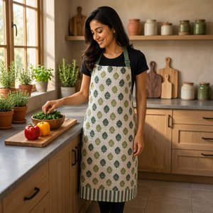 Premium Linen Apron | Green <b>Botanical</b> Leaf <b>Print</b> Linen Bib Apron with Striped Hem | Adjustable Kitchen Cooking & Baking Apron - Product Image 3