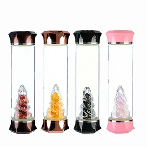2022 New Design 550ml Crystal Elixir Glass Water Bottle with Removable Natural Crystal Stones and Torch Shaped Shade