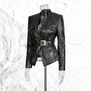 Top de Traje para Mujer, Negro, de Piel Sintética PU, con Cinturón, Peplum Entallado, con Hebilla Dorada y Detalle de Bolsillo, a la Moda - Product Image 4