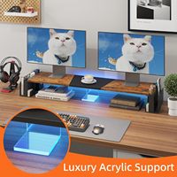 Support de moniteur double pour ordinateur de bureau à 3 niveaux avec tiroir, longueur et angle réglables, organisateur de rangement