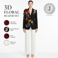 Черный блейзер с 3D цветочными аппликациями и белые брюки с широкими штанинами для женщин, с узором вишневого цвета и роз, для вечеринок и свадеб, OEM/ODM, напрямую от производителя
