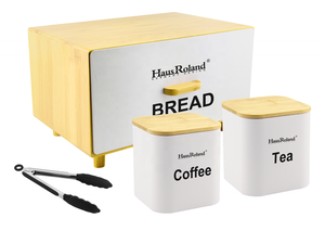 Boîte à pain en métal avec revêtement coloré, boîte à thé, café et sucre avec couvercle en bambou - Product Image 2