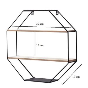 Étagère murale octogonale en fer et bois <span class=keywords><strong>40x40</strong></span> cm flottante avec 2 étagères - Product Image 2