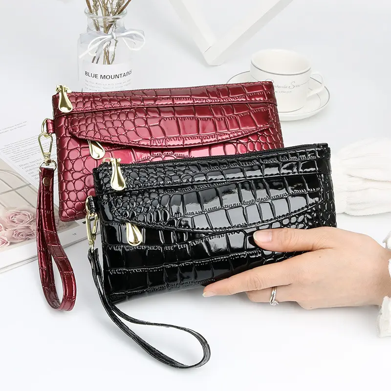New Stylish Glossy Alligator Texture PU Ladies Clutch Bag Mobile Phone Wallet Purse Casual Women Hand Bags