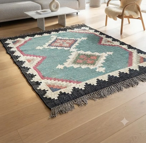 Tapis artisanal en laine et jute turquoise, motif tribal géométrique, pour salon, chambre, style bohème, ferme, rustique, décoration de sol. - Product Image 1