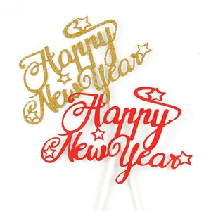 renos oro decoración de la mesa Suppliers-Decoración de mesa de Año Nuevo, adorno de pastel de Feliz Año Nuevo con estrellas parpadeantes, Decoración de mesa SQ032