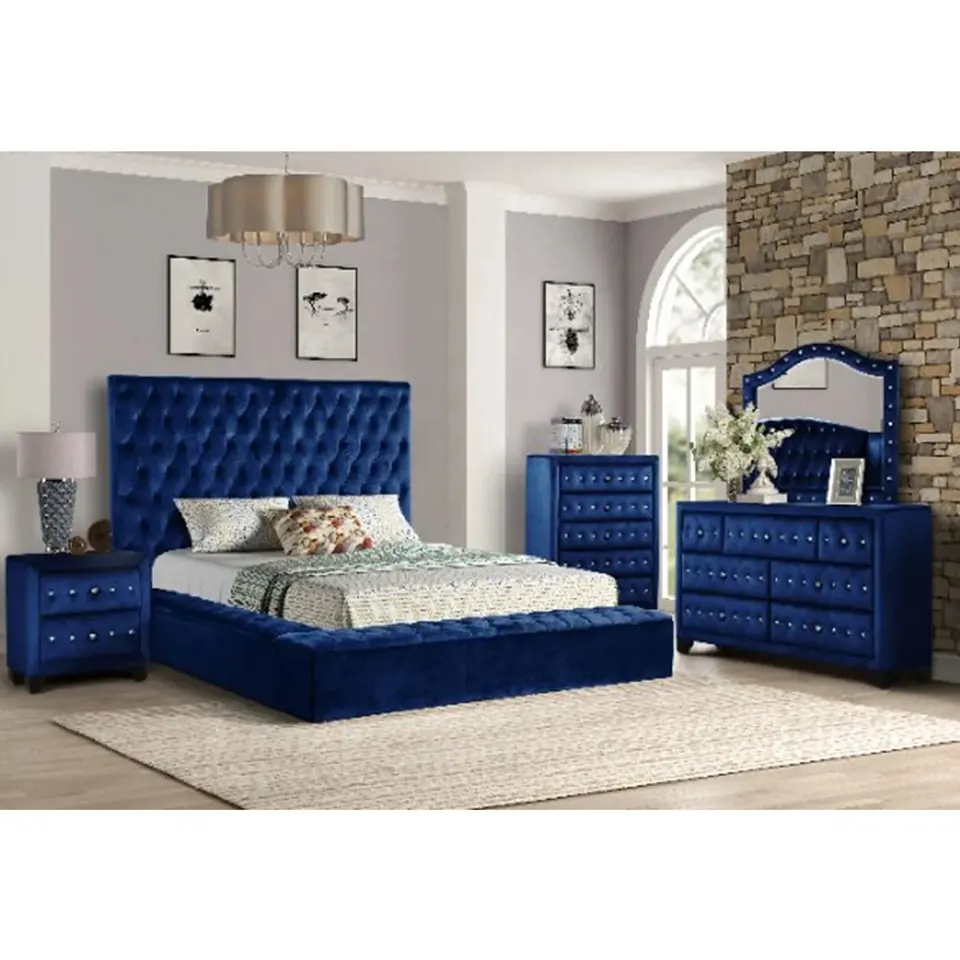 Amerikaanse Luxe Gestoffeerde Fluwelen Zachte Bedframe Moderne Slaapkamermeubelset In Blauw Kingsize Bed Met Opbergruimte