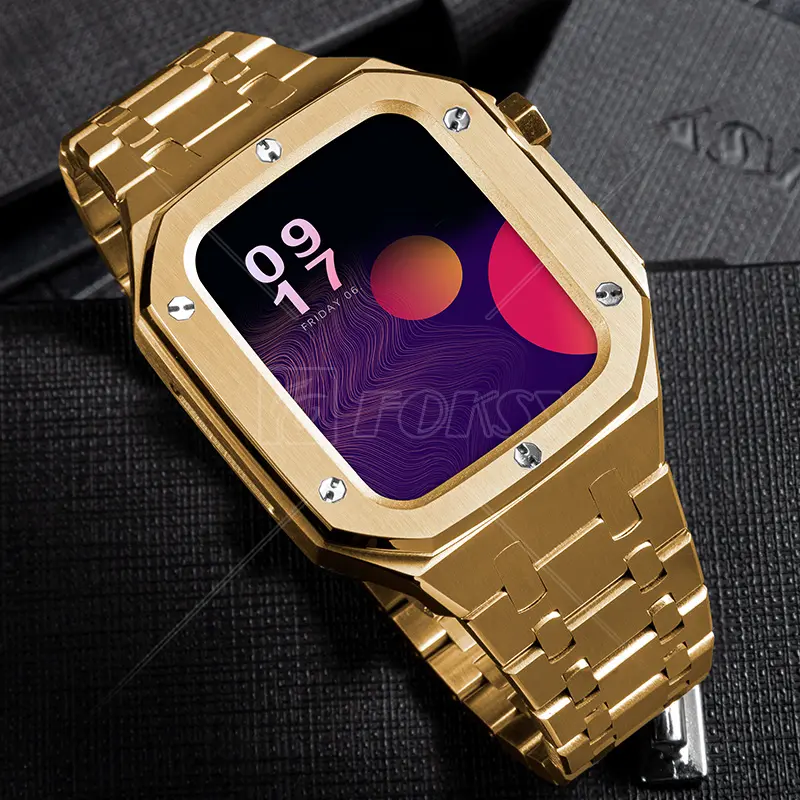 FOKSY Original Designer Stainless Steel Band Strap Cover Protector Watch Case and Band for Appel Smart Iwatch Series 7 6 5 4 3