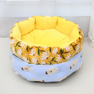 Coussin rond pour animaux de compagnie, design floral jaune, pour chien, nid chaud en peluche pour l'hiver - Product Image 2