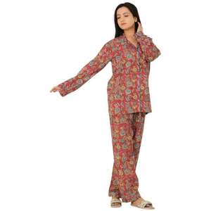 Printed Nightwear Set 100% Cotton Long Sleeve Button Up Woven Shirt and Full Length <b>Pants</b> Soft Breathable Summer Pajama Set - Product Image 5