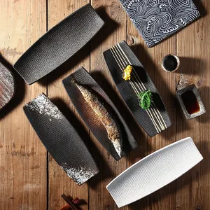 Piring Retro Ikan Sushi Persegi Panjang Jepang Peralatan Makan Keramik Piring Tanah Liat Tembikar untuk Restoran Masakan Jepang