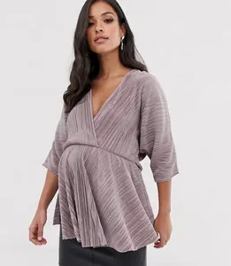 Wholesale Factory Women V-neck Batwing Sleeves Wrap Front Maternity Plisse Wrap Top Blouse