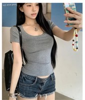 T-shirt à manches courtes col U pour femme avec logo personnalisé, coupe ajustée, couche de base, haut décontracté d'été