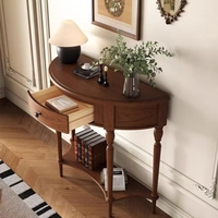 Table console demi-ronde en chêne antique avec rangement, meuble de salon au design vintage moderne, plateau à panneaux