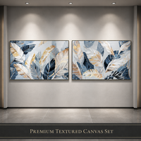 Ensemble de 2 tableaux muraux abstraits modernes à motifs de plumes, peinture sur toile texturée épaisse bleue et or pour salon