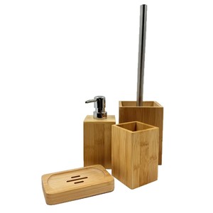 Chobi Family Bamboo Bathroom Set 4 Piece Eco Friendly Rectangular Freestanding Soap Dish Toothbrush Holder Toilet <b>Brush</b> - Product Image 1