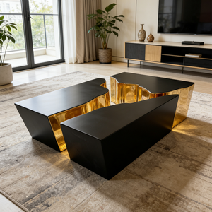 Ensemble de tables basses en métal poli de forme irrégulière unique, design minimaliste, plateau noir, tables centrales design, meubles pour la maison et la villa - Product Image 6