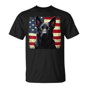 Camiseta negra para amantes de los perros, con diseño de pastor alemán y bandera estadounidense. - Product Image 1