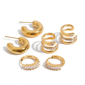 Ensemble de boucles d'oreilles créoles épaisses en or massif QSIEN pour femmes, boucles d'oreilles créoles épaisses en acier inoxydable, boucles d'oreilles à clips en CZ, ensemble de boucles d'oreilles superposées tendance - Product Image 6