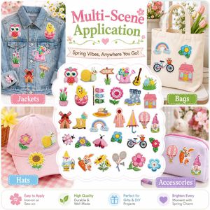 Lot de patchs brodés thermocollants et à coudre pour le printemps, motifs Hibou, Poussin, <span class=keywords><strong>Escargot</strong></span>, Bottes, Arc-en-ciel, Papillon, Gnome, Fleur - Product Image 6