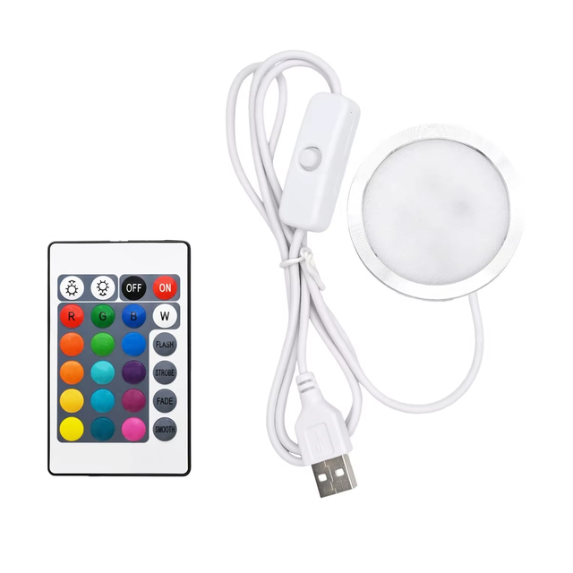 Round USB-Powered Ultra-Thin Warm White RGB LED Cabinet Light Mountable Kit Remote Control for Kitchen Under-Cabinet Lighting