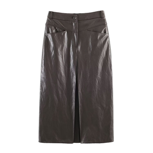 Nueva Colección Otoño/Invierno, Falda Midi Casual de Cuero Genuino con Pliegues y Botones, Cintura Alta Vintage para Mujer - Product Image 1