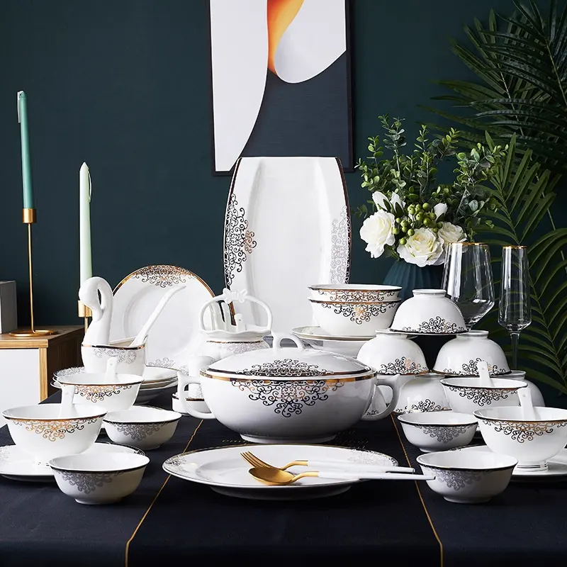 Yeni ürün 60 adet moda ev dekor lüks altın aşk deniz yemek odası setleri porselen sofra setleri