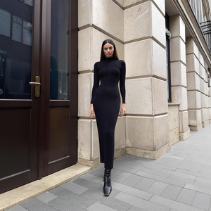 Elegante Abito Aderente a Collo Alto <span class=keywords><strong>in</strong></span> Stile Francese per Donne, Manica Lunga, <span class=keywords><strong>in</strong></span> Nylon/Cotone Spesso Lavorato a <span class=keywords><strong>Maglia</strong></span>, Gonna Lunga Invernale con Dettaglio Illusione - Product Image 2