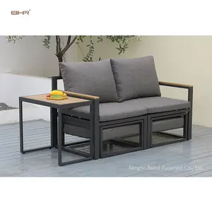 BHR Set Sofa furnitur luar ruangan, 2 tempat duduk, bingkai aluminium, Set Sofa Lounge taman kayu plastik