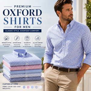 Camisas Oxford de Algodón para Hombre, Cuadros Gingham, Cuello con Botones, Manga Larga, Estilo Casual Elegante para Oficina, Tejido Oxford Premium, Logotipo Personalizado - Product Image 1