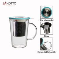 Mug à infuseur à thé en verre borosilicate haute résistance LAkotto 400 ml avec couvercle en acier inoxydable, compatible lave-vaisselle et micro-ondes, vaisselle de qualité supérieure