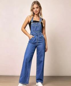 Salopette en jean décontractée pour femme, taille haute, coupe large, style vintage, avec poches - Product Image 1