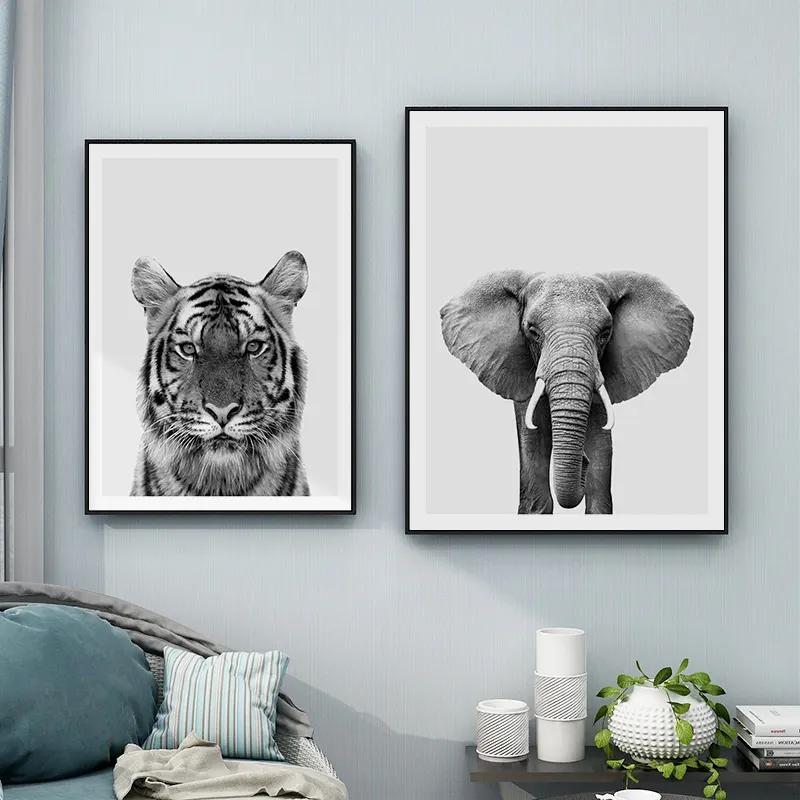 modern animal wall art black and white tiger canvas print african elephant decorative painting for living room