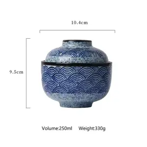 复古中式波浪图案点心沙拉陶瓷碗餐具套装，带盘子，供您享用美食