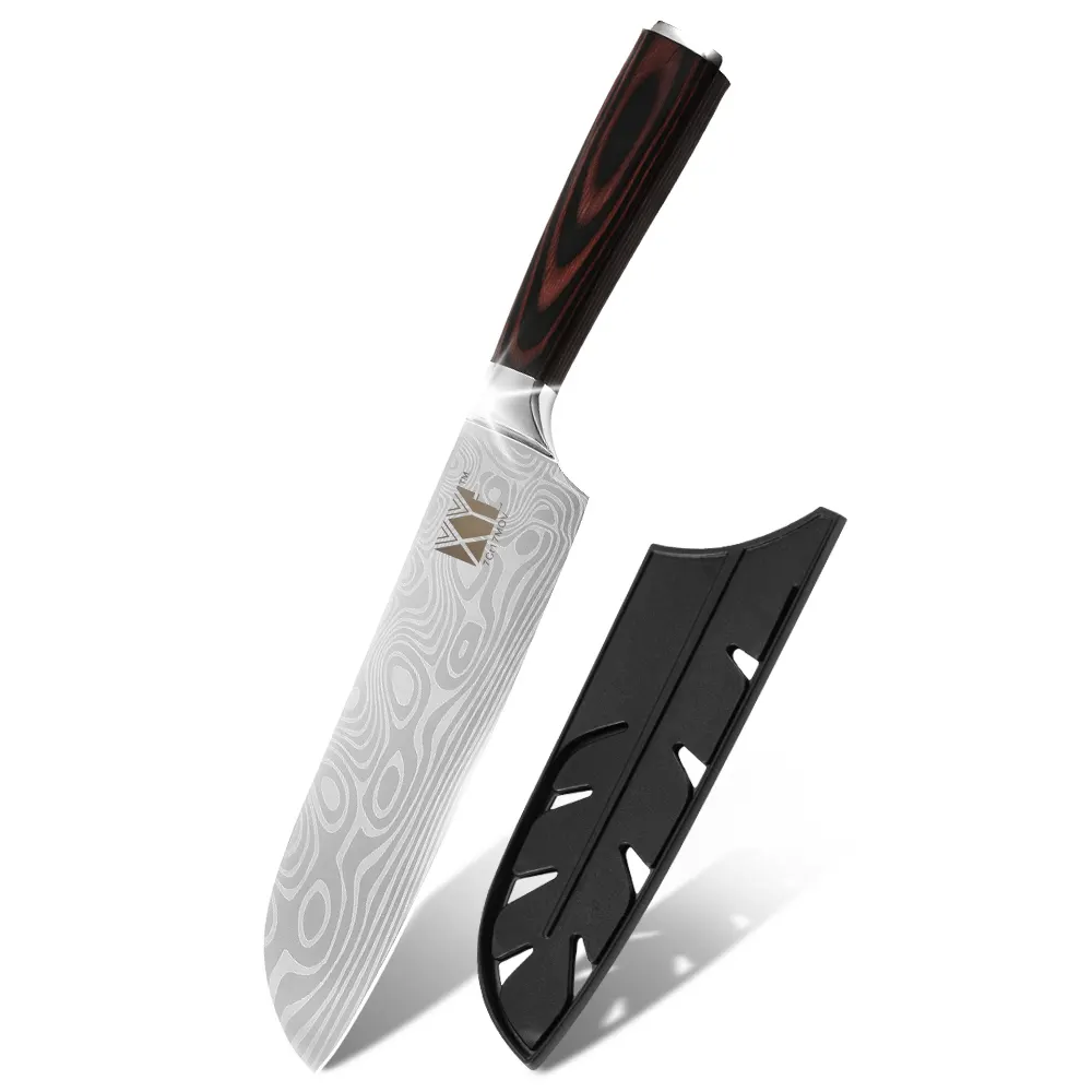 Xingye-mango de madera pakka de 7 pulgadas, nuevo diseño, 7Cr17mov, santoku messer de acero inoxidable con funda para cuchillo