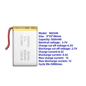 도매 고성능 902540 파우치 셀 리포 배터리 850mAh 긴 수명 500회 사이클 소비자 전자제품, 전동 공구, 장난감용 - Product Image 4