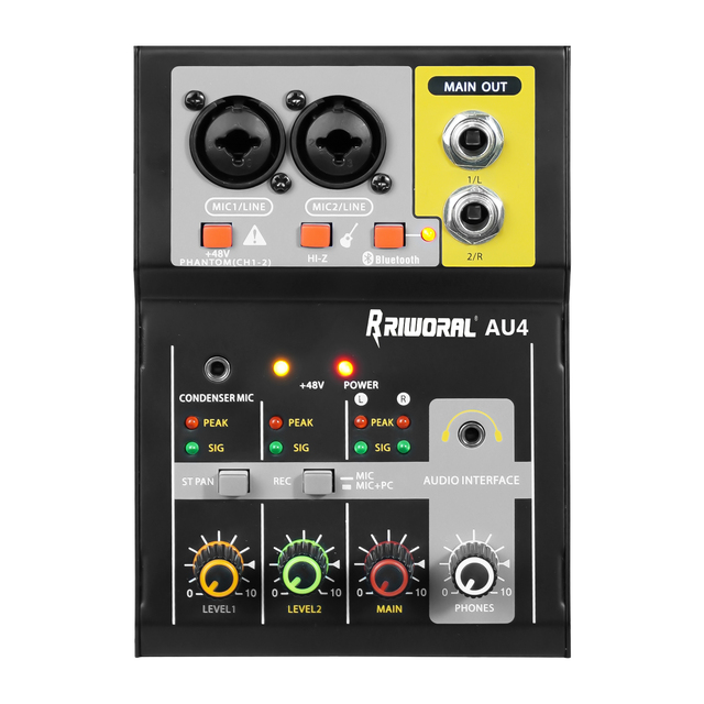 Audio Mixer 2 Channel Mini Audio Interface Small Mixer Use Recording Studio +48V AU4